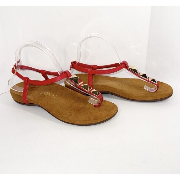 Vionic‎ Sandals 8 Nala Thong Red Leather T Strap Gold Slingback Comfort Flats - Picture 4 of 15